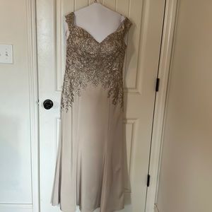 MGNY Formal Champagne Beaded Gown Off the Shoulder